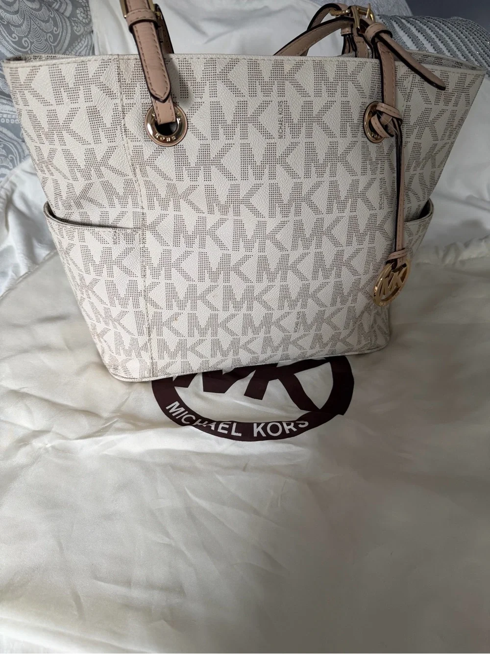 Michael Kors Cream Signature MK Tote with Gold Hardware